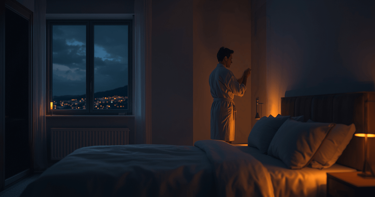 Ein Mann steht in einem Bademantel in einem abendlichen Schlafzimmer, das Licht gedämmt, die Stimmung gemütlich. Ein Symbolbild für eine gelungene Abendroutine.