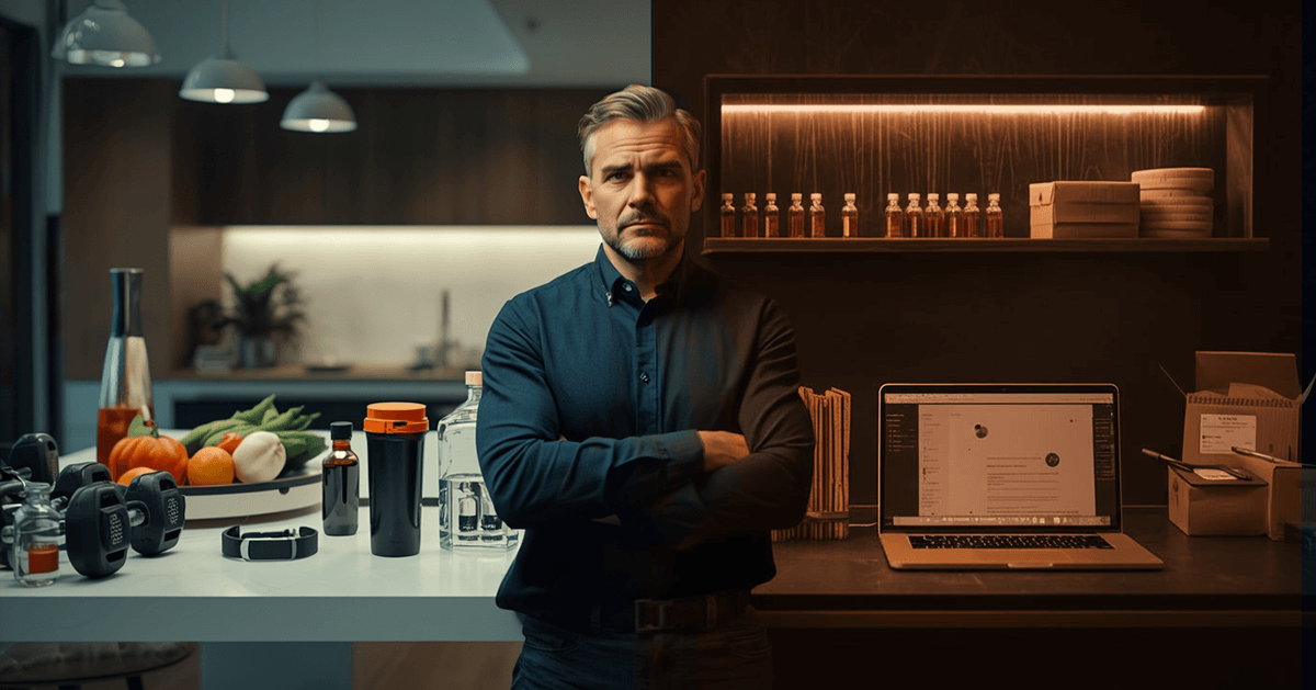 Selbstbewusster Mann mittleren Alters mit verschränkten Armen in moderner Küche, umgeben von Hantel, Früchten, Wasserflasche, Laptop und Supplements – Illustration gegen den Off-Label Gebrauch von Chinese Peptides.