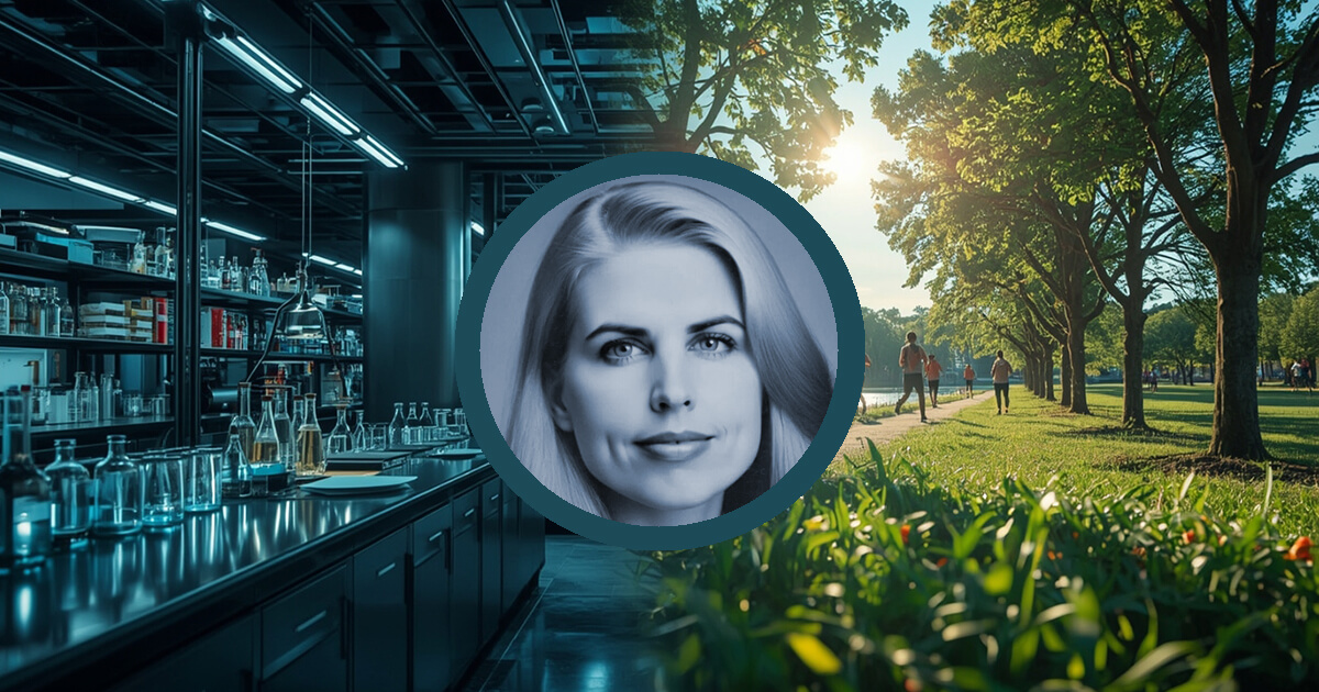 Grafik mit Labor und Glasgeräten links, sonnigem Park mit Bäumen rechts, zentrales kreisförmiges Porträt einer Frau - es ist ein stilisiertes Portrait von Liz Parrish