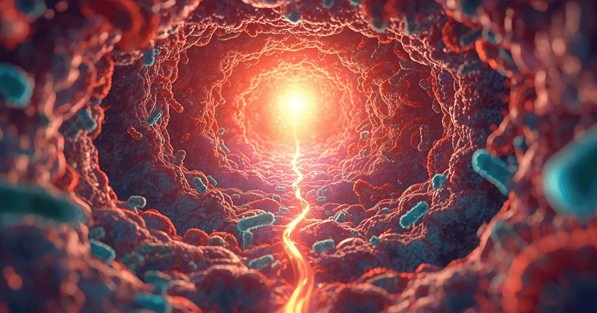 Abstrakte 3D-Illustration eines leuchtenden Tunnels aus Zellen und Bakterien, der in eine helle Lichtquelle führt und der ein gesundes und vitales Darmmikrobiom als zentrale Quelle für Langlebigkeit und ganzheitliche Gesundheit bei Menschen über 40 visualisiert.