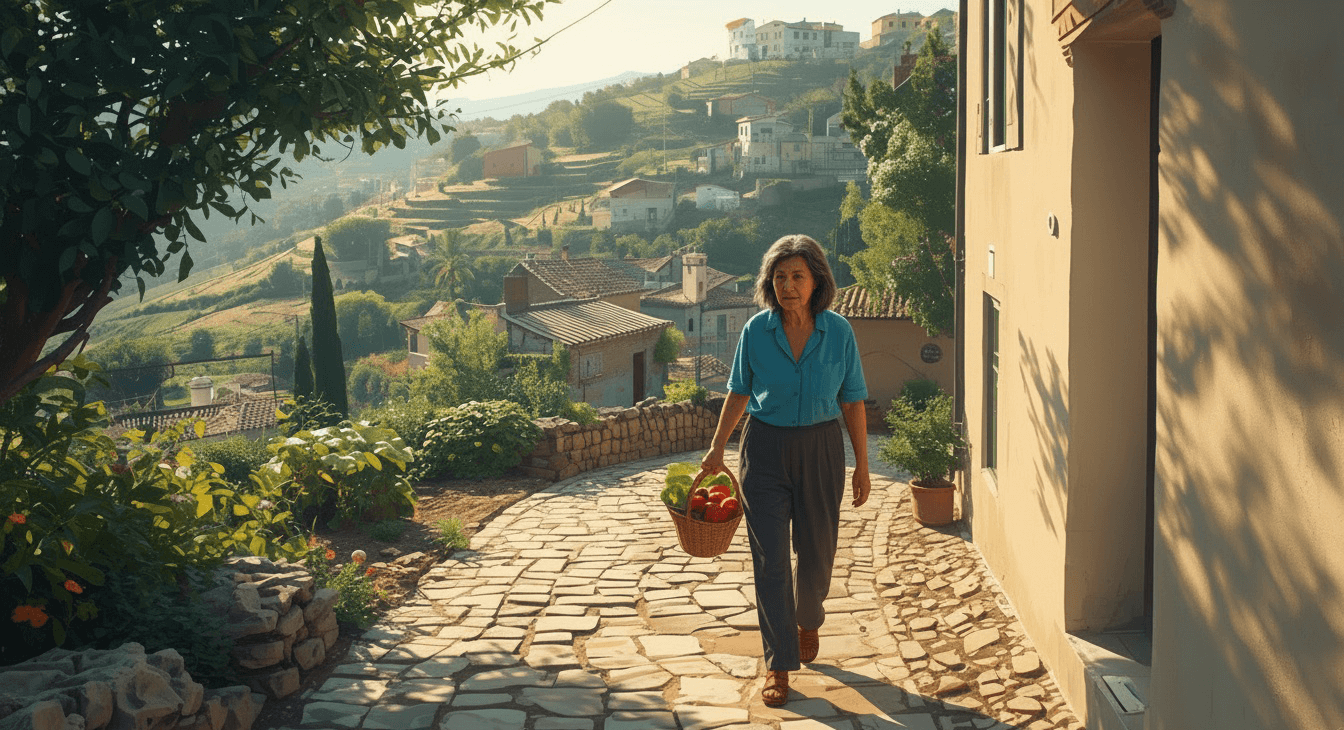 Ältere Frau mit Korb frischem Gemüse geht über einen gepflasterten Weg durch ein sonniges, mediterranes Hügeldorf. Ein Symbol für NEAT: Mehr Bewegung im Alltag, unabhängig von Sport.