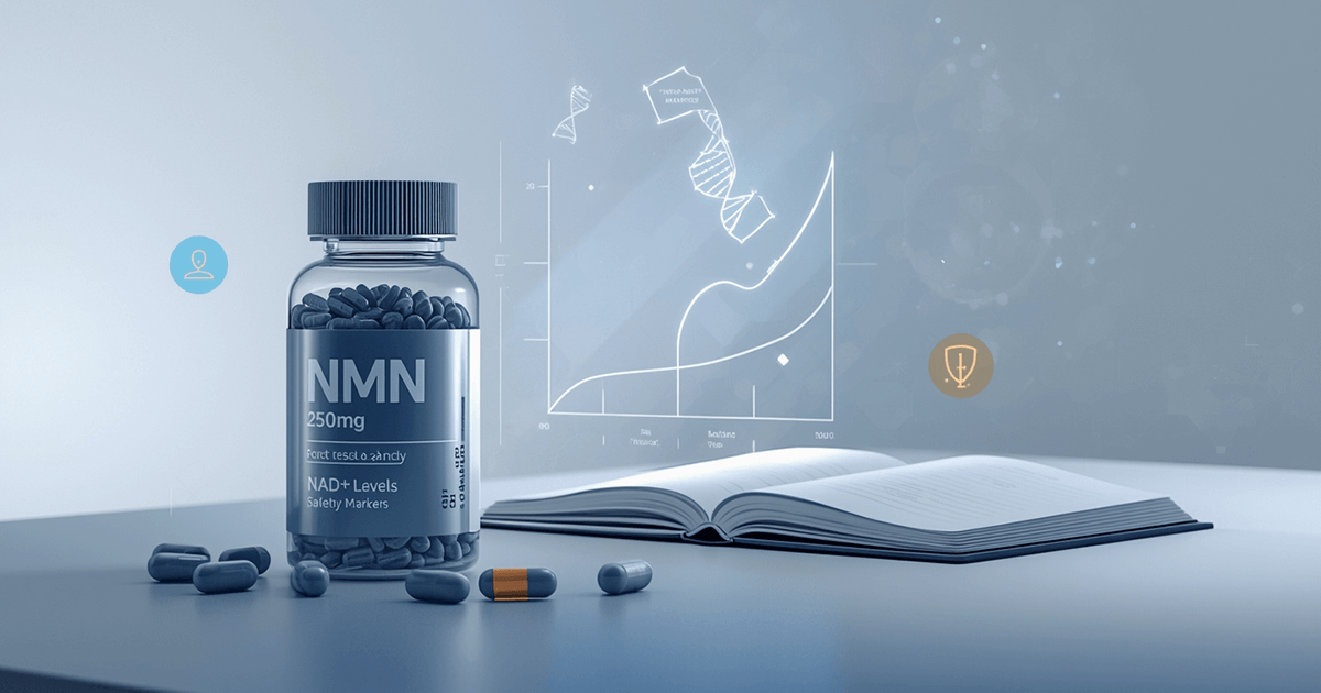 Ein Tisch mit aufgeschlagenem Buch, daneben eine Pillendose mit NMN Supplement Dragees. Ein Symbolbild für die Untersuchung von NMN Nebenwirkungen.