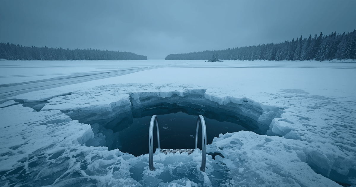 Ein zugefrorener See vor einer Winterlandschaft. Im Eis ist ein Loch freigeschlagen, in das eine Schwimmleiter hineinführt. Ein Symbolbild für Kälte & Longevity.