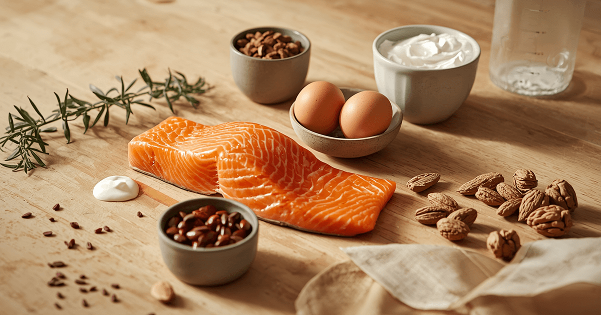 Ein Symbolbild für Proteine im Alter: Frische proteinreiche Lebensmittel wie Lachsfilet, Eier, Nüsse, Bohnen und Joghurt auf einem Holztisch.