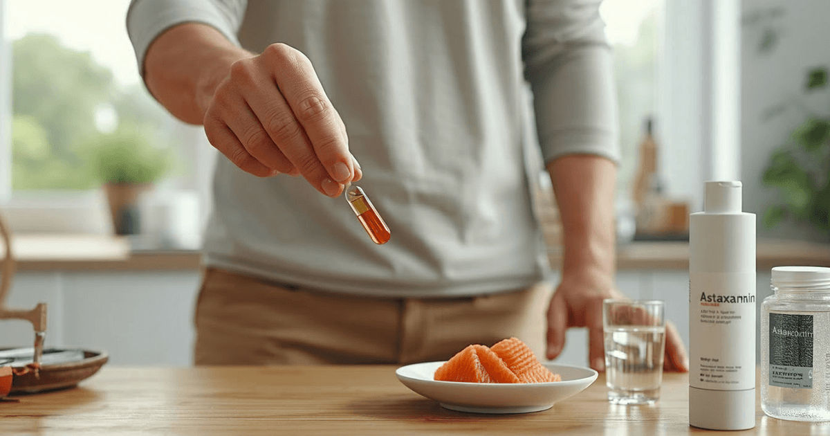 Person hält eine Ampulle mit orangefarbener Flüssigkeit (Astaxanthin Öl) über einem Teller mit Lachs, daneben stehen Wasser und Nahrungsergänzungsmittel