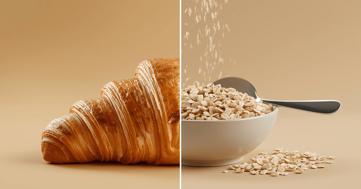 Geteilte Darstellung: links ein Croissant, rechts eine Schüssel Haferflocken mit Löffel und fallenden Flocken. Ein Symbolbild in dem der glykämische Index dargestellt wird.