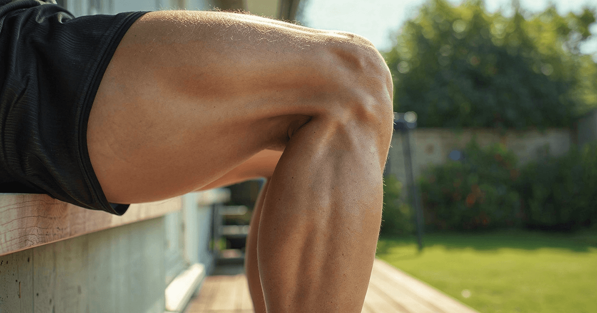Isometrisches Training zum Blutdruck senken: Nahaufnahme eines angewinkelten, muskulösen Beins auf einer Holzbank im Garten bei Sonnenlicht