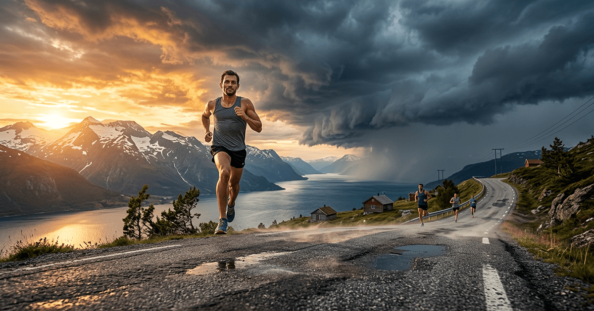 Läufer auf Bergstraße über Fjordlandschaft bei Sonnenuntergang, während ein Gewitter heranzieht. Ein Symbol für das Training nach dem Norwegian 4x4 Protocol.