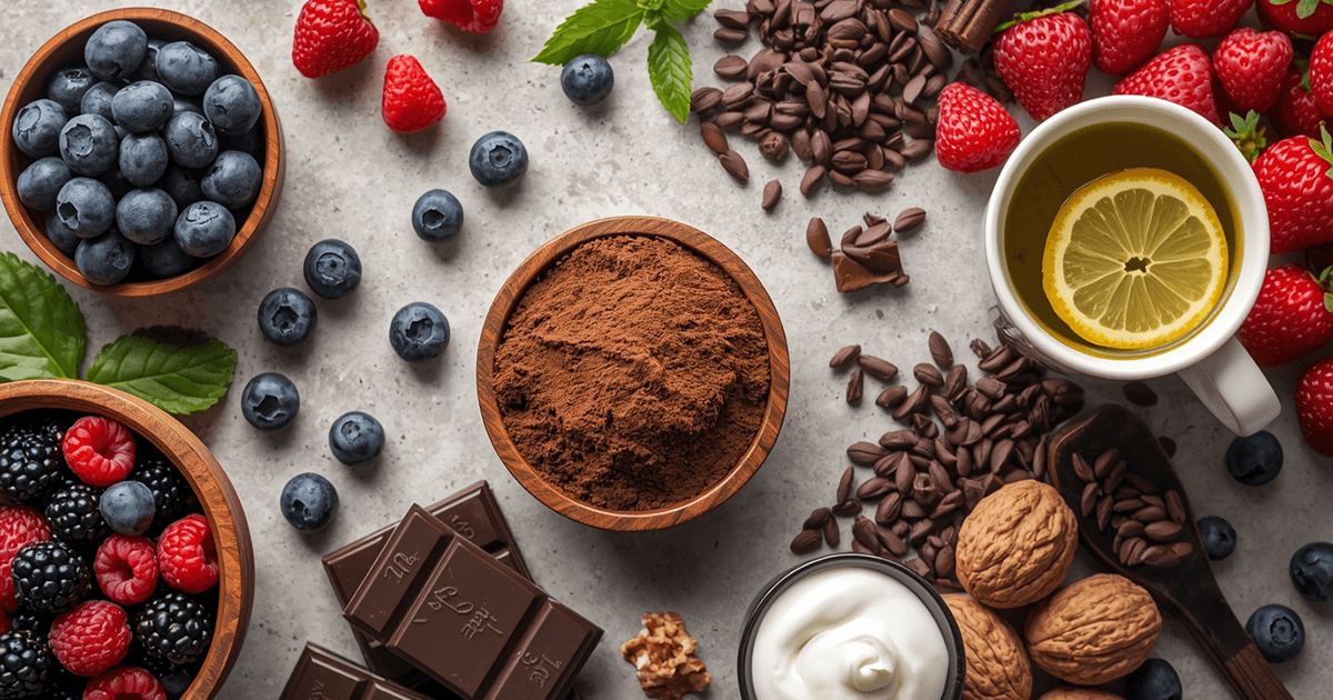 Ein Tisch mit gesunden Lebensmitteln, die einen hohen Gehalt an Polyphenloen aufweisen: Kakao, dunkle Schikolade, Beeren, Skyr, Walnüsse, grüner Tee