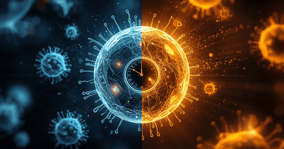 Ein schematisches, stilisiertes Bild einer menschlichen Körperzelle mit einer Uhr in der Mitte - ein Symbol der Zell-Verjüngung mit Yamanaka-Faktoren.