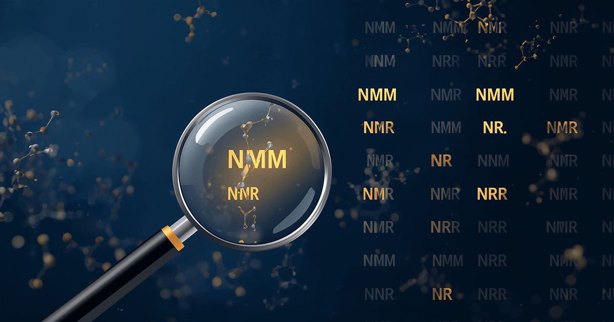 Lupe hebt die Buchstabenkombinationen von „NMN“, "NR" usw. vor einem dunklen Hintergrund mit Molekülstrukturen hervor.