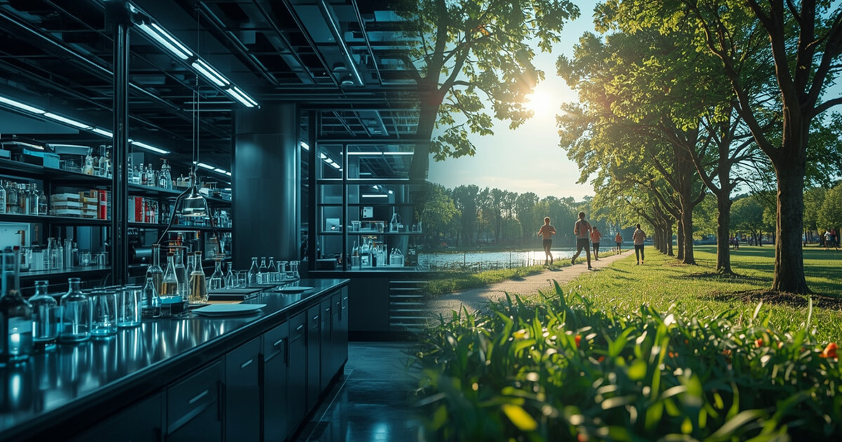 Modernes Labor neben einer grünen Parklandschaft mit joggenden Menschen am See bei Sonnenlicht: Ein Smybolbild für Longevity - gesunde Lebensführung und Forschung.