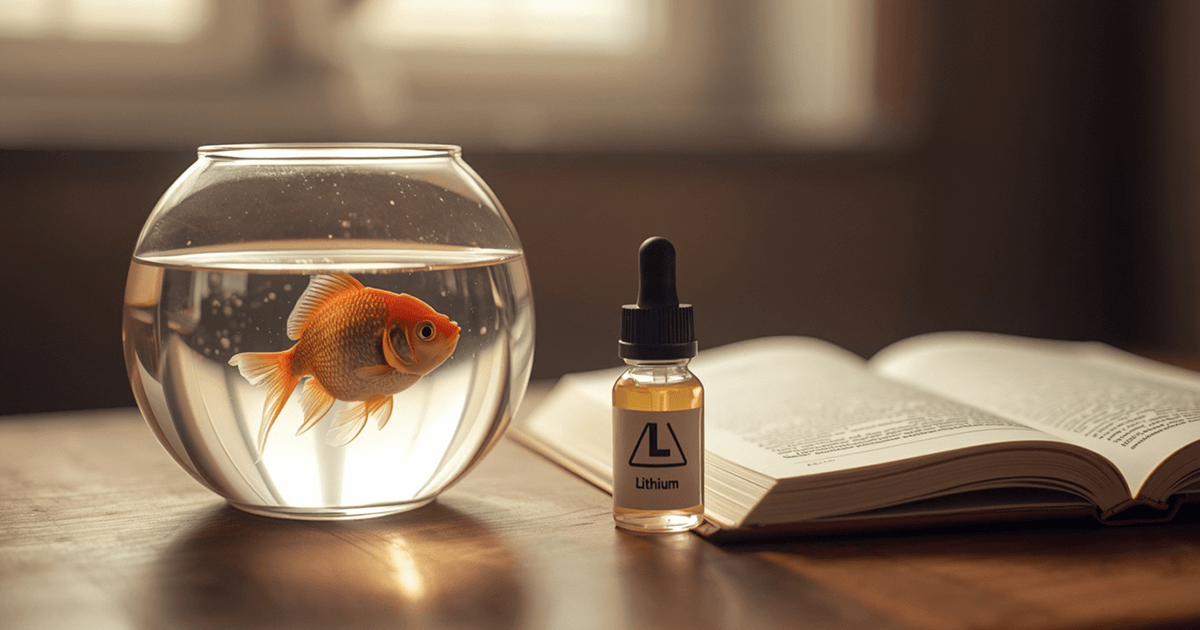 Goldfisch im Glas neben einer Lithium-Flasche und einem aufgeschlagenen Buch. Lithium wird seit einiger Zeit nur als Aquaristik-Zubehör verkauft.