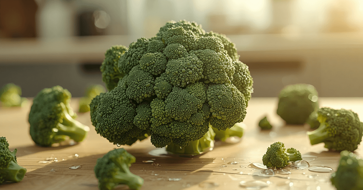 Eine Nahaufnahme eines Brokolis auf einem Küchentisch - voller Sulforaphane als gesunde Inhaltsstoffe