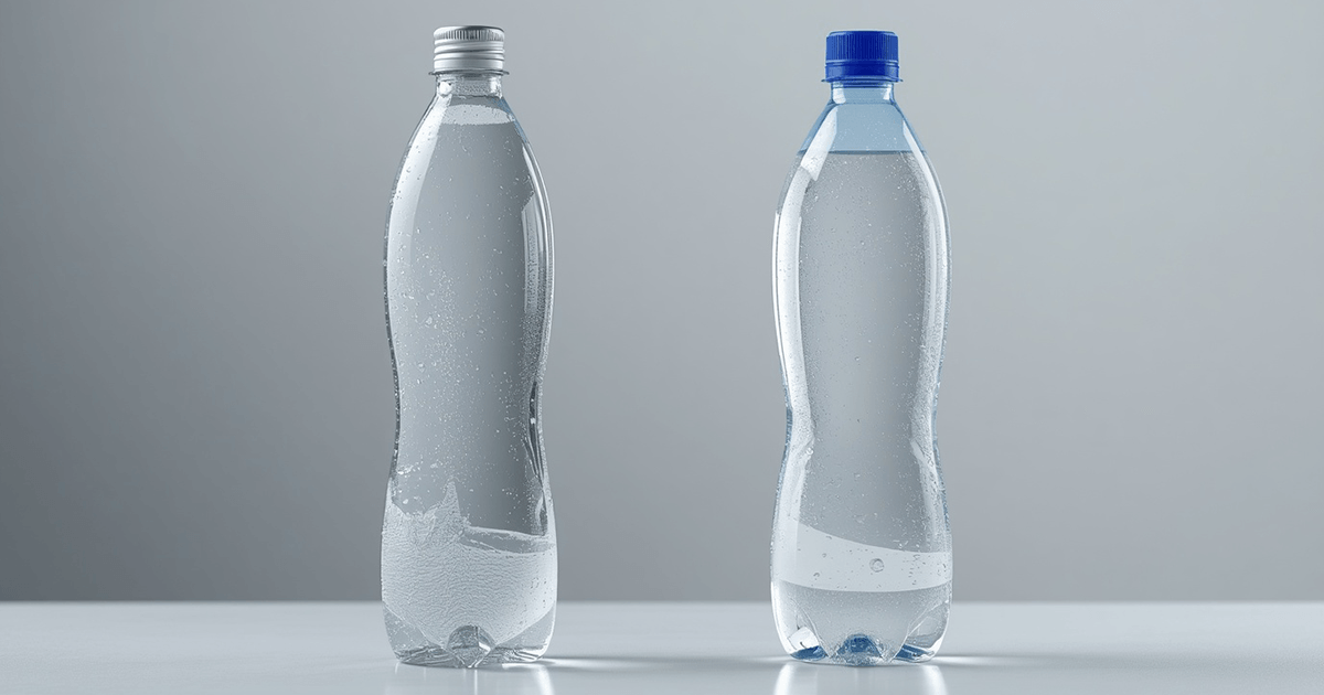 Zwei durchsichtige Plastikflaschen mit Mineralwasser, links aus Glas mit silbernem Verschluss, rechts aus PET Plastik mit blauem Verschluss.